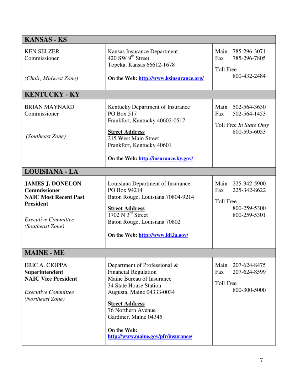 National Association of Insurance Commissioners Membership List, Page 7