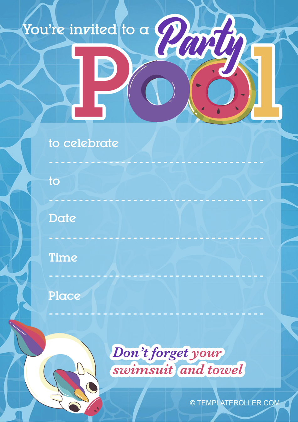 Pool Party Invitation Template - Blue, Page 1