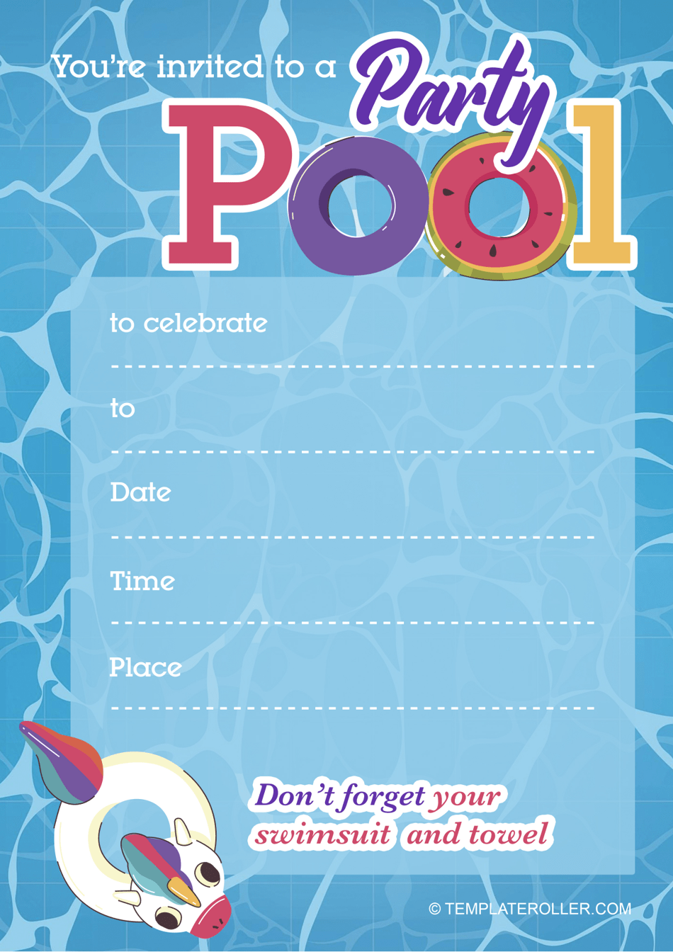 Pool Party Invitation Template - Blue Download Printable PDF ...