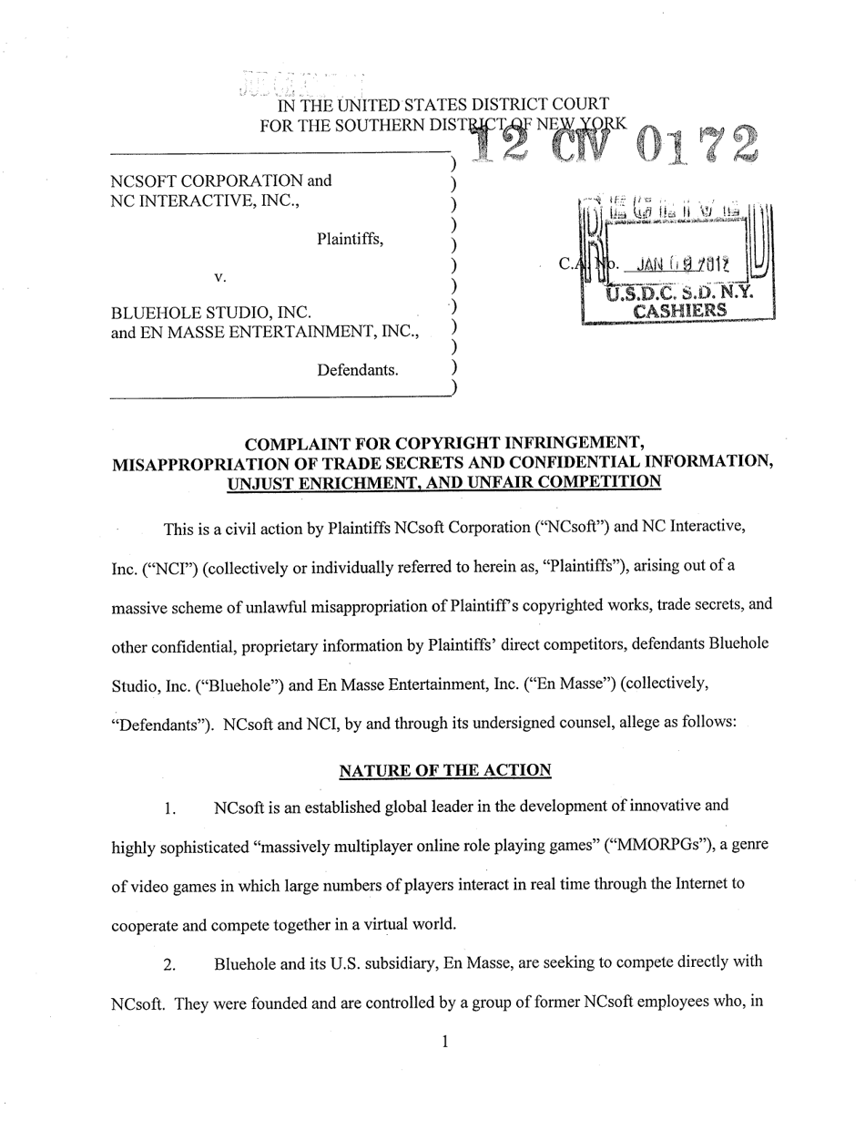 Complaint for Copyright Infringement, Misappropriation of Trade Secrets and Confidential Information, Unjust Enrichment, and Unfair Competition - New York, Page 1
