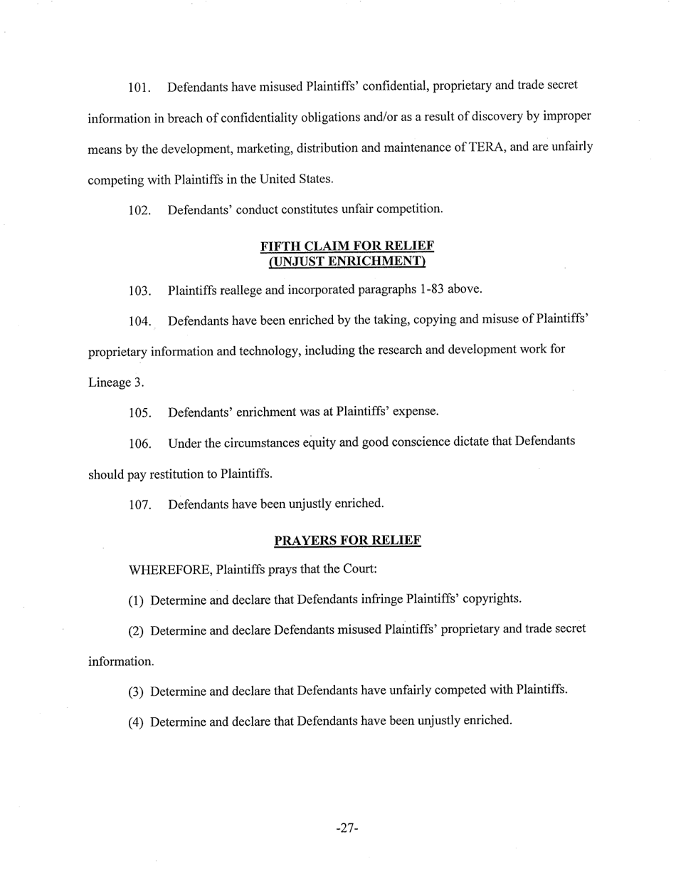 Complaint for Copyright Infringement, Misappropriation of Trade Secrets and Confidential Information, Unjust Enrichment, and Unfair Competition - New York, Page 27