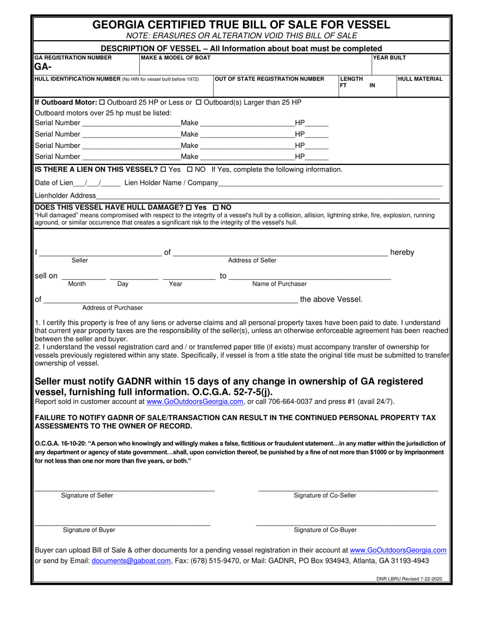 Form DNR LBRU Georgia Certified True Bill of Sale for Vessel - Georgia (United States), Page 1