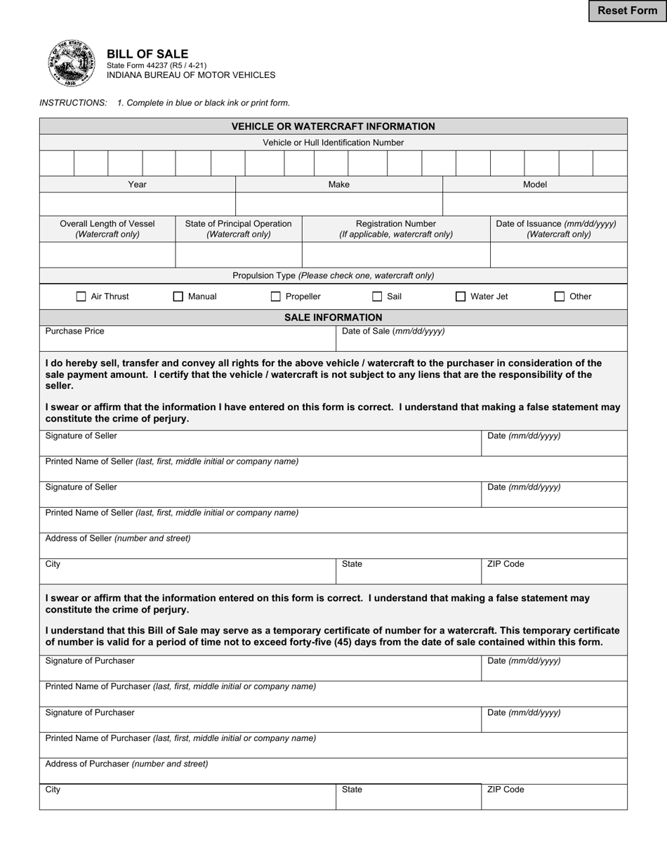State Form 44237 Bill of Sales - Indiana, Page 1