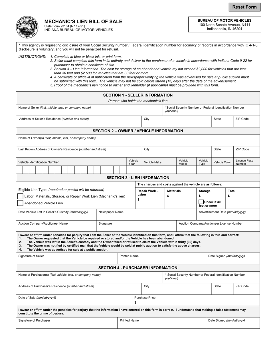 State Form 23104 Mechanics Lien Bill of Sale - Indiana, Page 1