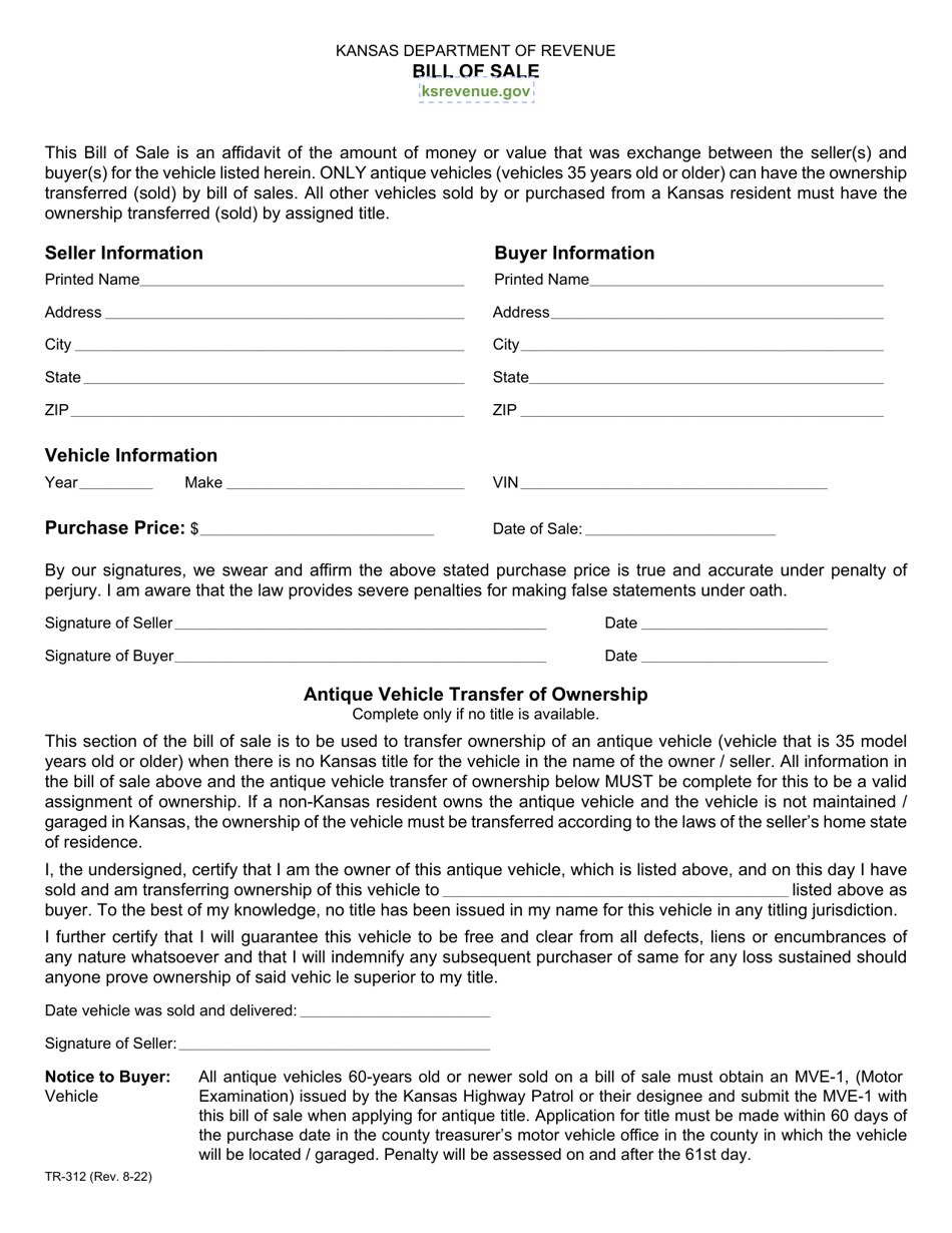 Form TR312 Download Fillable PDF or Fill Online Bill of Sale, Kansas