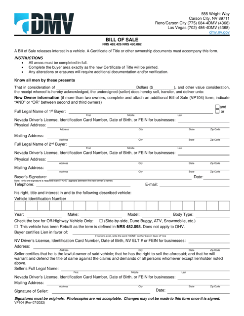 Form VP104 Bill of Sale - Nevada