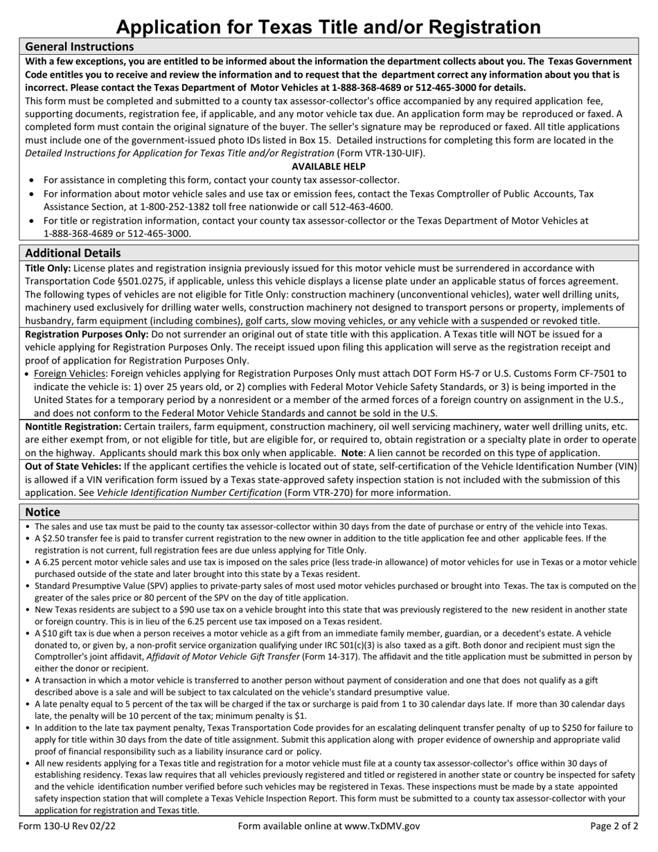 Form 130 U Download Fillable PDF Or Fill Online Application For Texas Title And or Registration