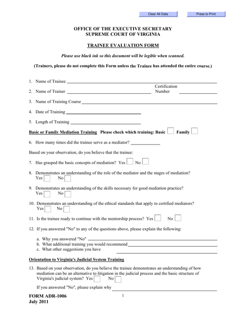 Form ADR-1006 Trainee Evaluation Form - Virginia