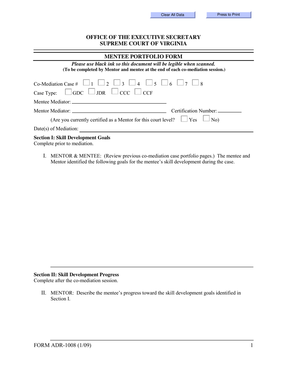 Form ADR-1008 Mentee Portfolio Form - Virginia, Page 1