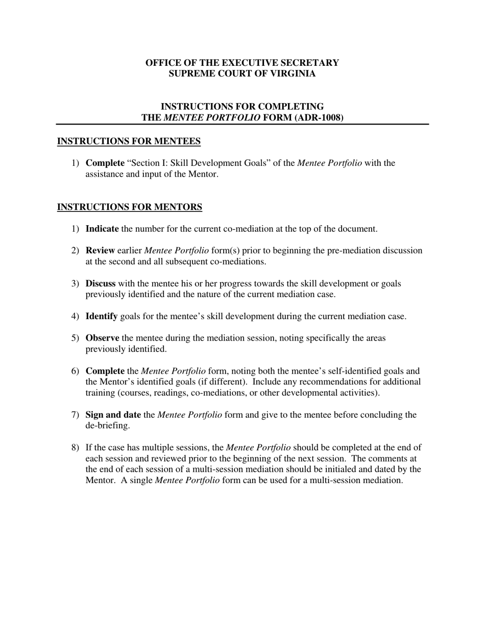 Instructions for Form ADR-1008 Mentee Portfolio Form - Virginia, Page 1