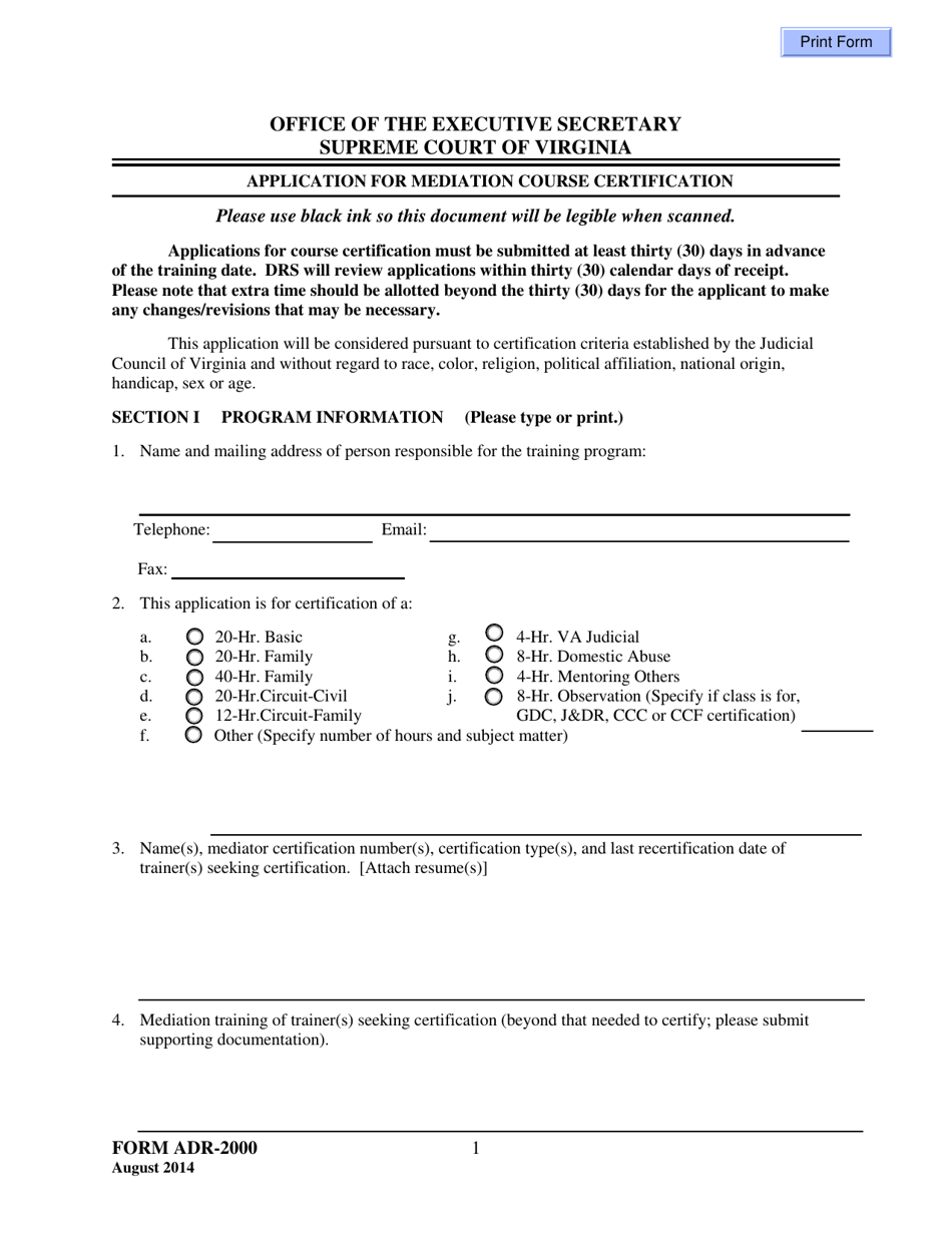 Form ADR-2000 Application for Mediation Course Certification - Virginia, Page 1