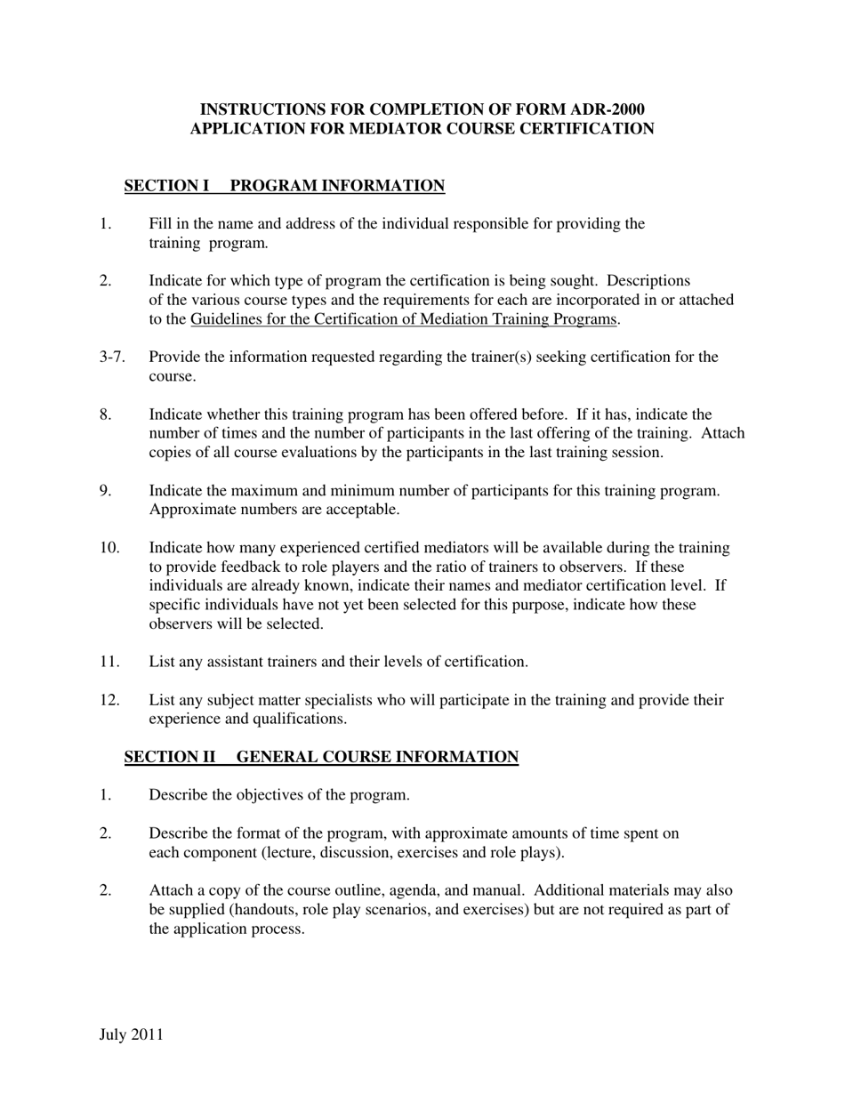 Instructions for Form ADR-2000 Application for Mediator Course Certification - Virginia, Page 1
