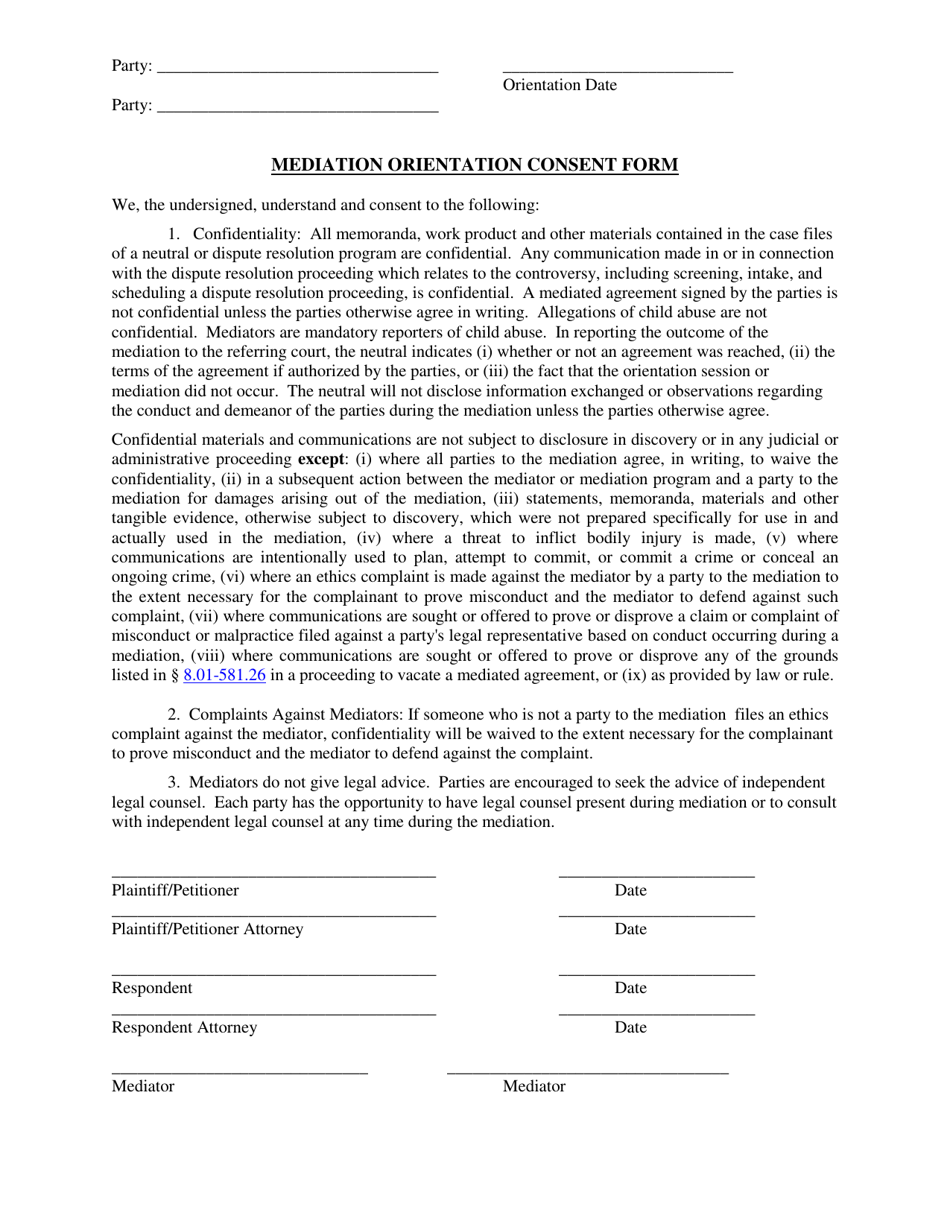 Mediation Orientation Consent Form - Virginia, Page 1