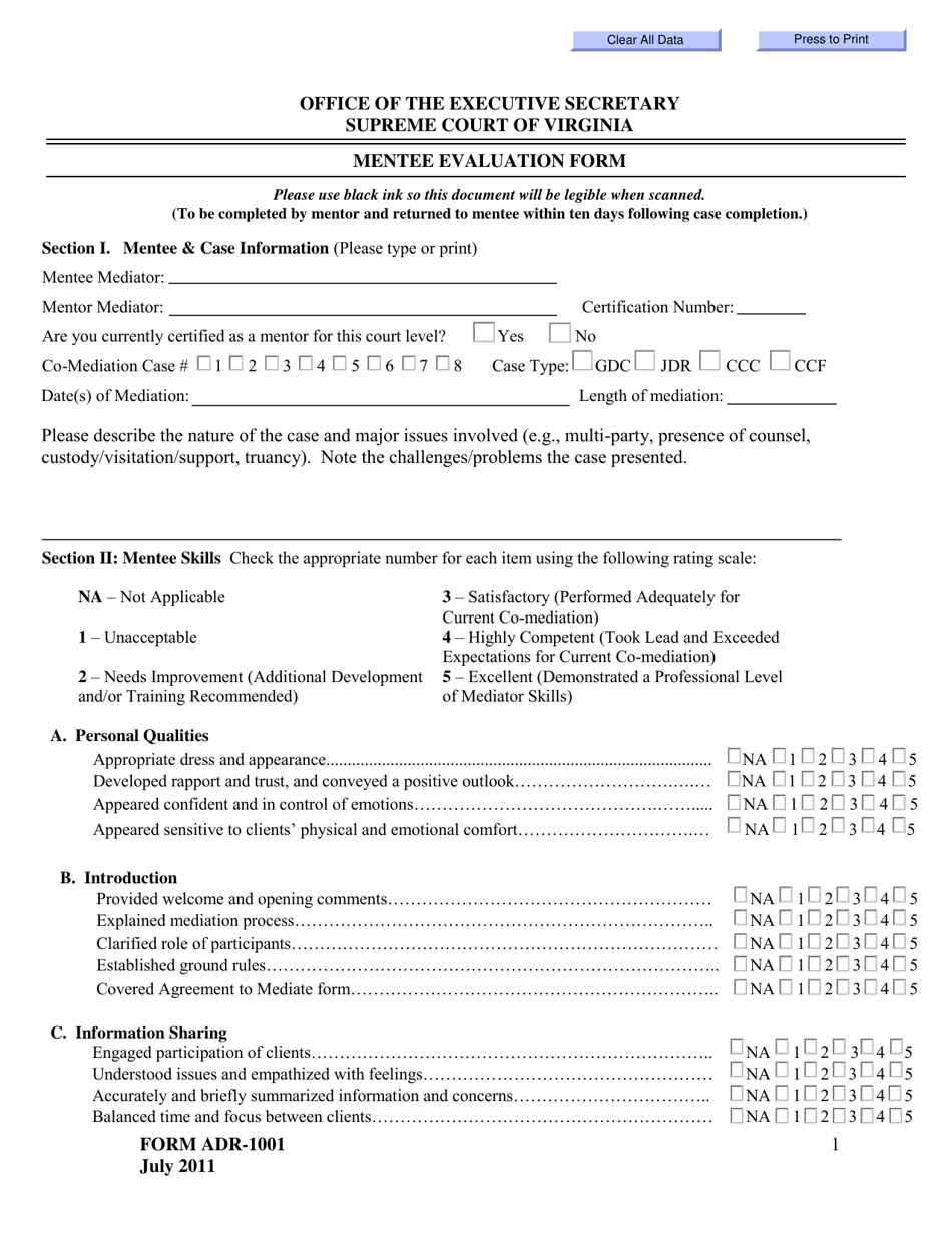 Form ADR-1001 Mentee Evaluation Form - Virginia, Page 1