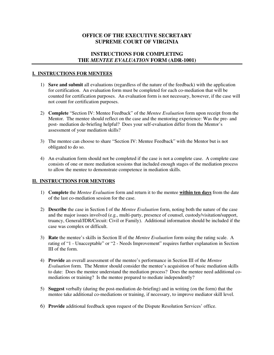 Instructions for Form ADR-1001 Mentee Evaluation Form - Virginia, Page 1