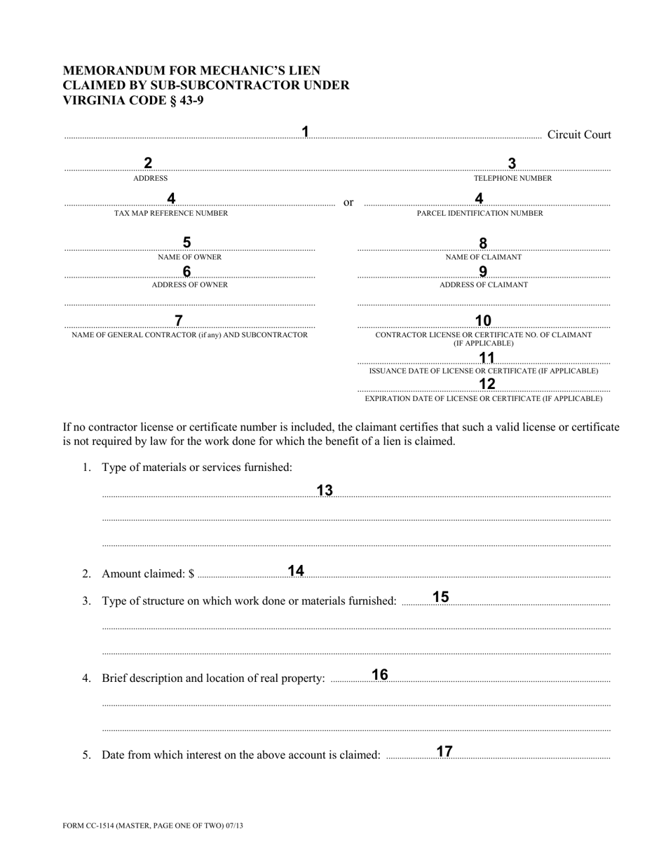 Instructions for Form CC-1514 Memorandum for Mechanics Lien Claimed by Sub-subcontractor Under Virginia Code 43-9 - Virginia, Page 2