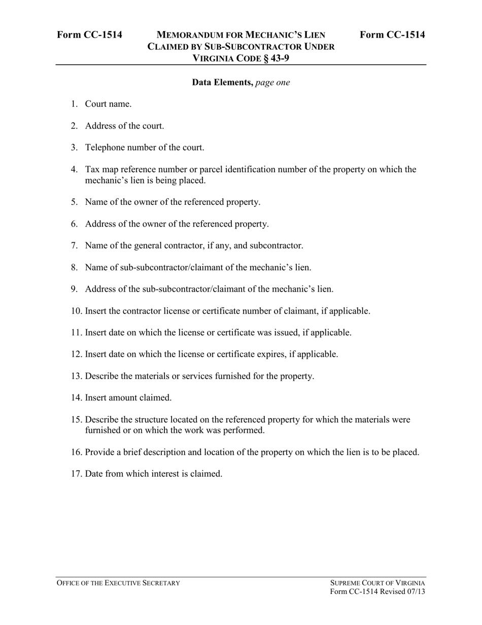 Instructions for Form CC-1514 Memorandum for Mechanics Lien Claimed by Sub-subcontractor Under Virginia Code 43-9 - Virginia, Page 3