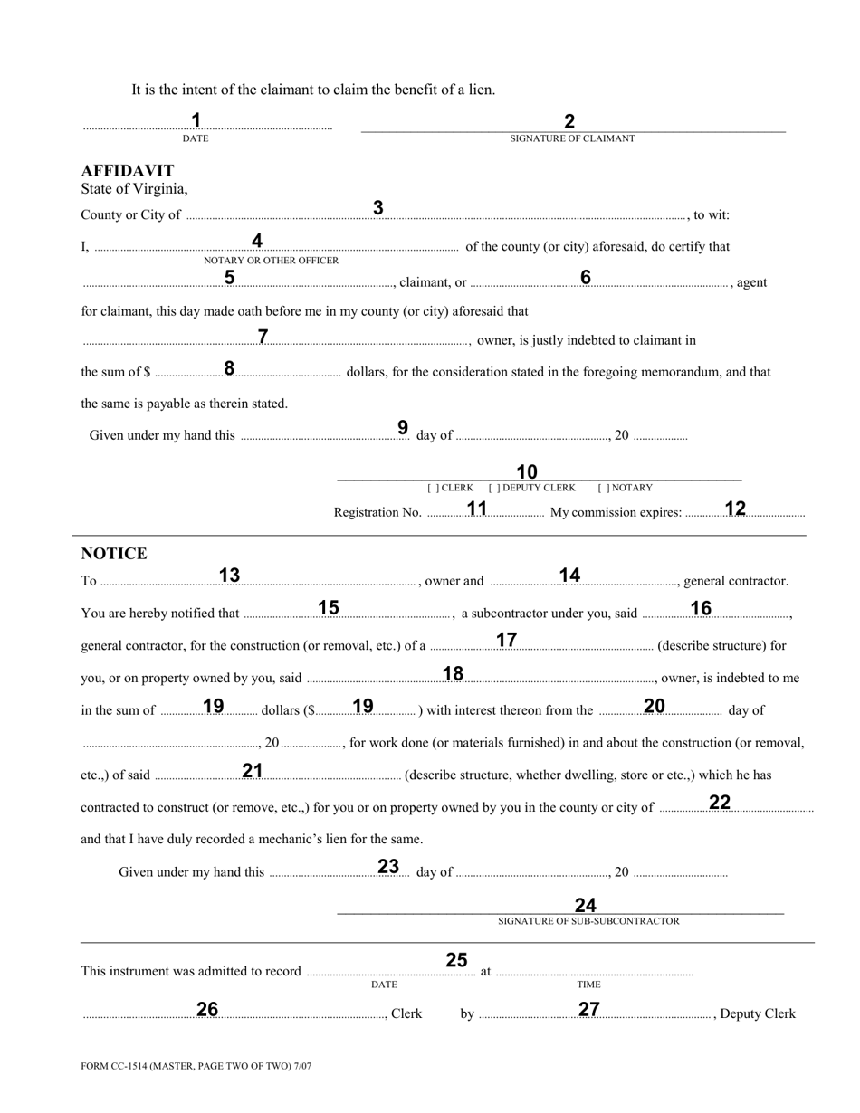 Instructions for Form CC-1514 Memorandum for Mechanics Lien Claimed by Sub-subcontractor Under Virginia Code 43-9 - Virginia, Page 4