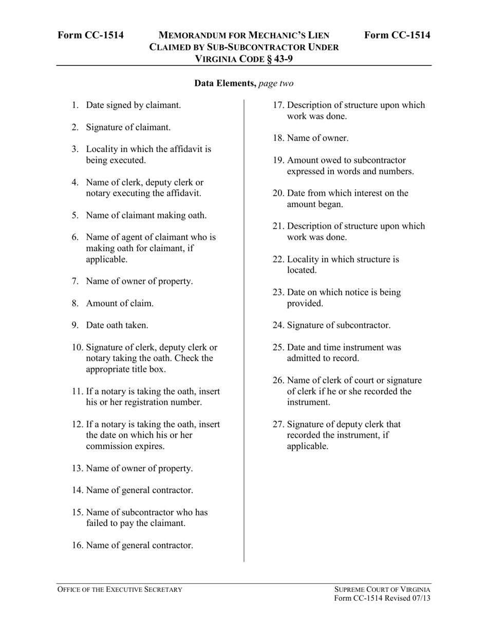 Instructions for Form CC-1514 Memorandum for Mechanics Lien Claimed by Sub-subcontractor Under Virginia Code 43-9 - Virginia, Page 5