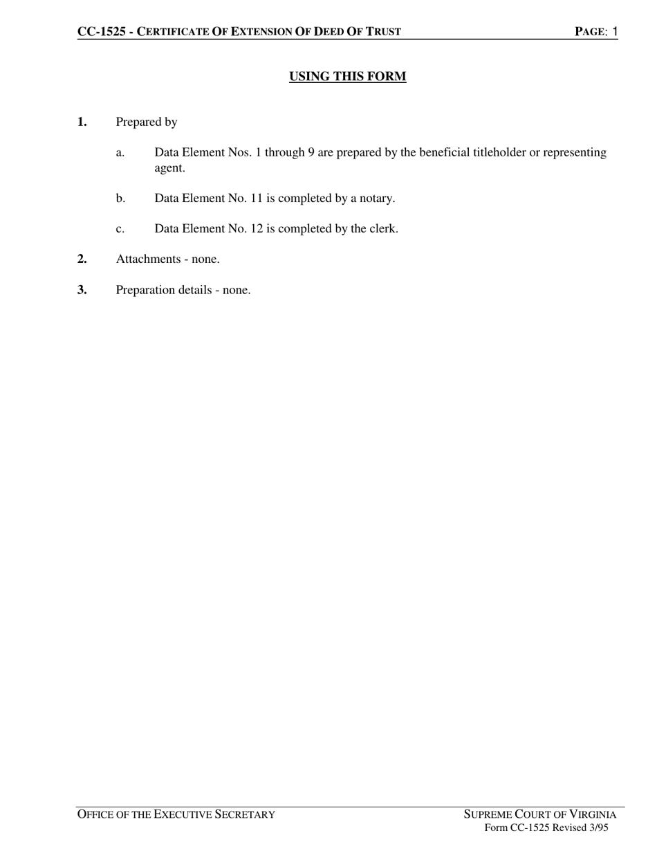 Instructions for Form CC-1525 Certificate of Extension of Deed of Trust - Virginia, Page 1