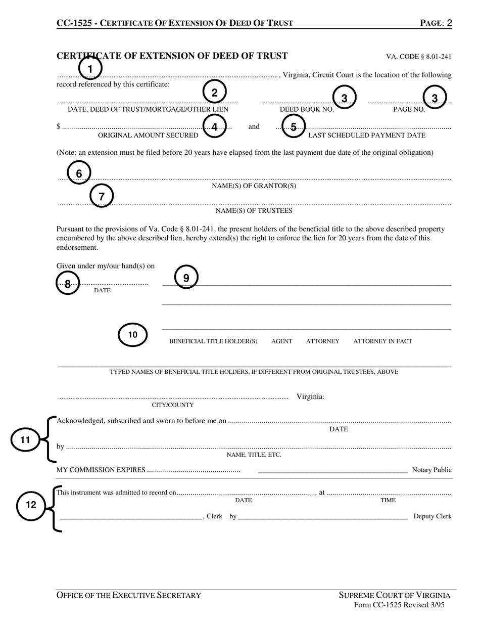 Instructions for Form CC-1525 Certificate of Extension of Deed of Trust - Virginia, Page 2