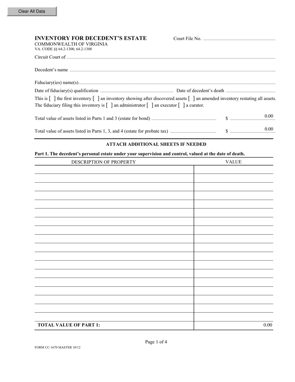 Form CC-1670 Inventory for Decedents Estate - Virginia, Page 1