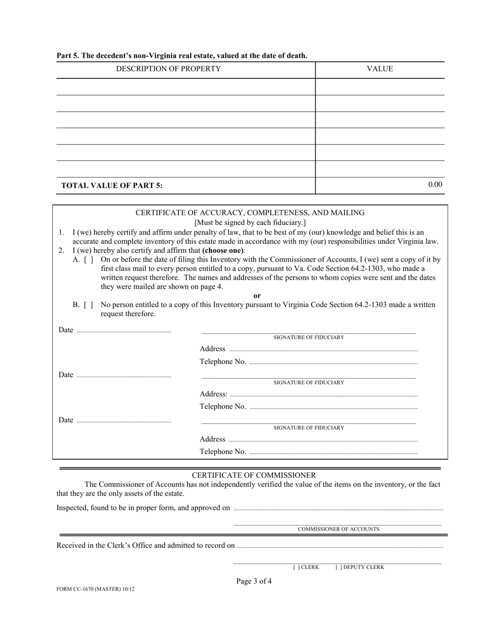 Form CC-1670 Inventory for Decedents Estate - Virginia, Page 3