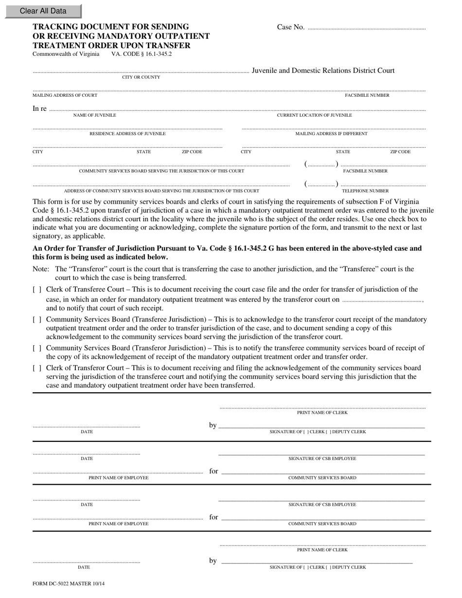 Form DC-5022 Tracking Document for Sending or Receiving Mandatory Outpatient Treatment Order Upon Transfer - Virginia, Page 1