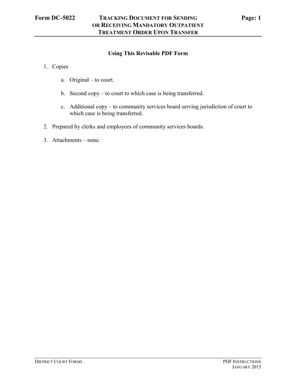 Instructions for Form DC-5022 Tracking Document for Sending or Receiving Mandatory Outpatient Treatment Order Upon Transfer - Virginia, Page 1