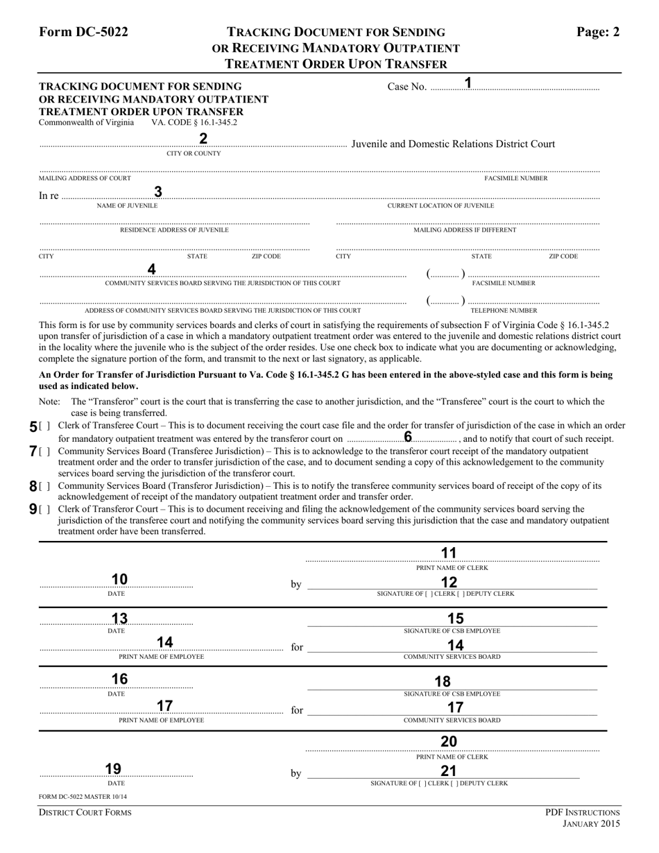 Instructions for Form DC-5022 Tracking Document for Sending or Receiving Mandatory Outpatient Treatment Order Upon Transfer - Virginia, Page 2