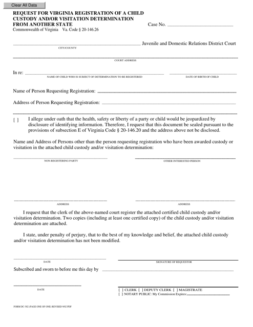 Form DC-582 Request for Virginia Registration of a Child Custody and/or Visitation Determination From Another State - Virginia