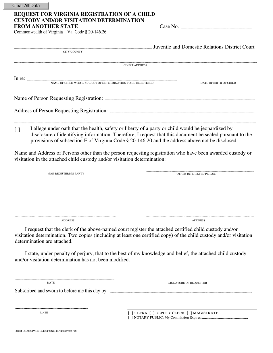 Form DC-582 Request for Virginia Registration of a Child Custody and / or Visitation Determination From Another State - Virginia, Page 1