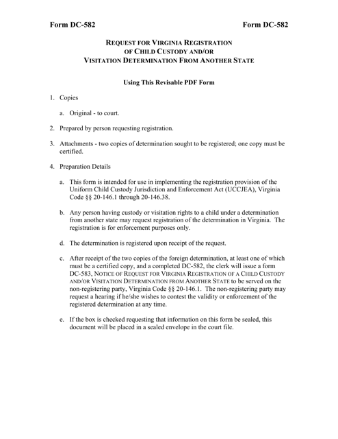 Instructions for Form DC-582 Request for Virginia Registration of Child Custody and/or Visitation Determination From Another State - Virginia
