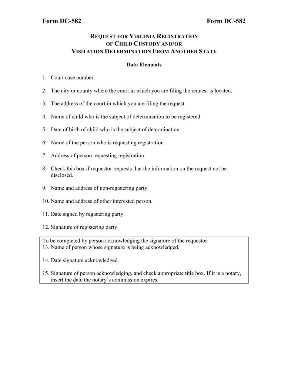 Instructions for Form DC-582 Request for Virginia Registration of Child Custody and / or Visitation Determination From Another State - Virginia, Page 2
