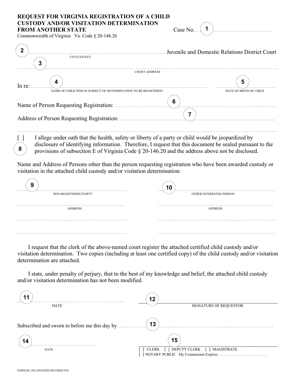 Instructions for Form DC-582 Request for Virginia Registration of Child Custody and / or Visitation Determination From Another State - Virginia, Page 3