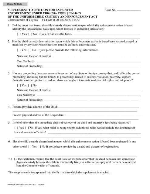Form DC-584 Supplement to Petition for Expedited Enforcement Under Virginia Code 20-146.29 of the Uniform Child Custody and Enforcement Act - Virginia