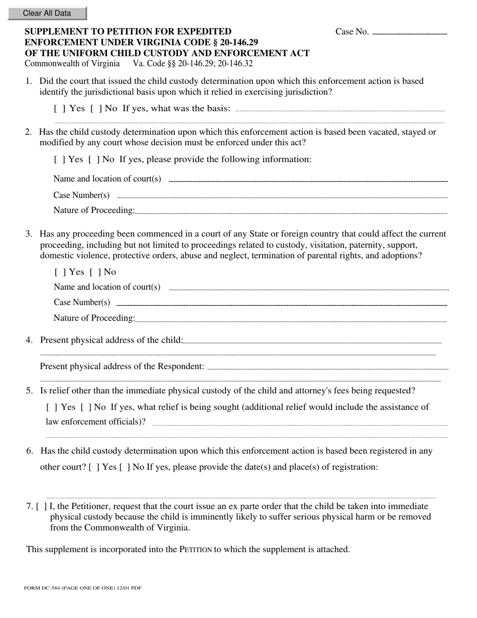 Form DC-584 Supplement to Petition for Expedited Enforcement Under Virginia Code 20-146.29 of the Uniform Child Custody and Enforcement Act - Virginia, Page 1