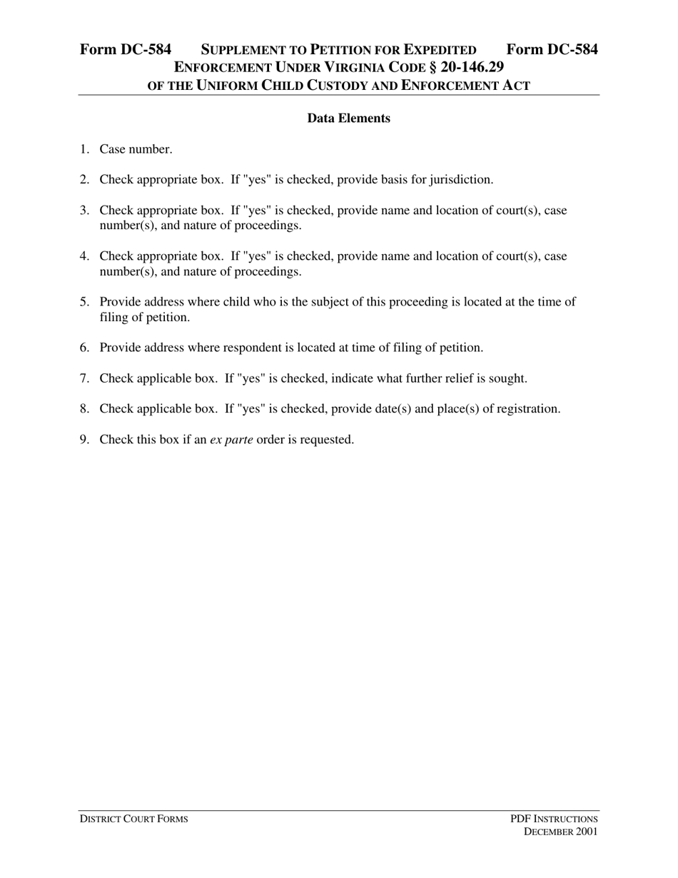 Instructions for Form DC-584 Supplement to Petition for Expedited Enforcement Under Virginia Code 20-146.29 of the Uniform Child Custody and Enforcement Act - Virginia, Page 3