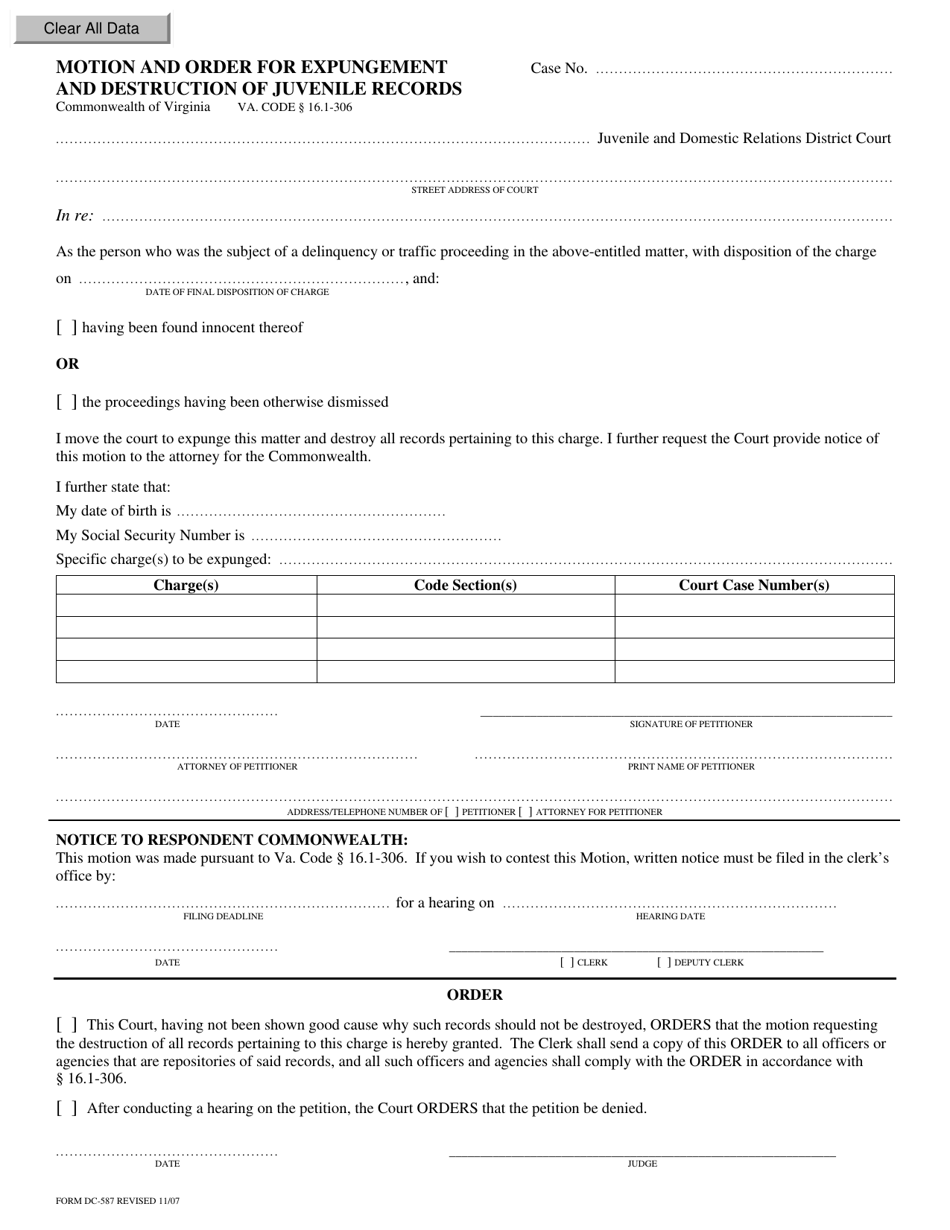 Form DC-587 Motion and Order for Expungement and Destruction of Juvenile Records - Virginia, Page 1