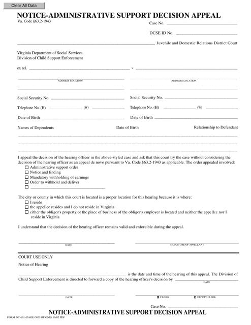 Form DC-601 Notice-Administrative Support Decision Appeal - Virginia