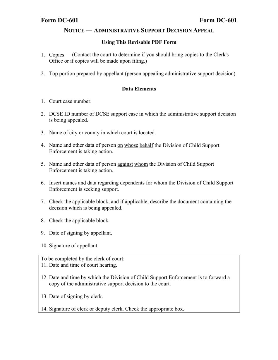 Download Instructions for Form DC601 Notice Administrative Support