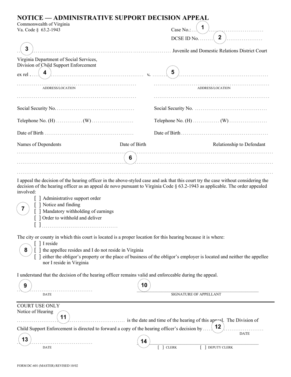 Instructions for Form DC-601 Notice - Administrative Support Decision Appeal - Virginia, Page 2