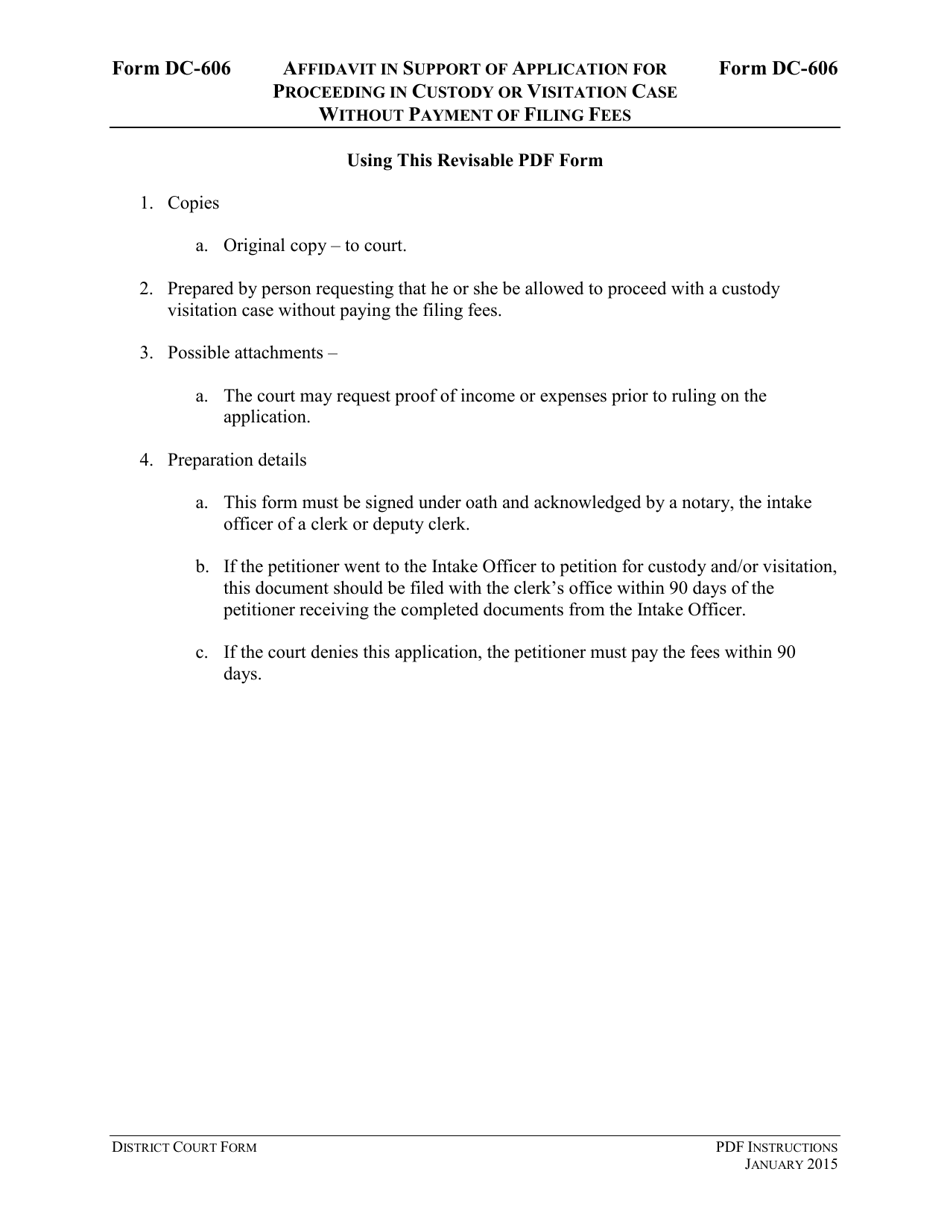 Instructions for Form DC-606 Affidavit in Support of Application for Proceeding in Custody or Visitation Case Without Payment of Filing Fees - Virginia, Page 1