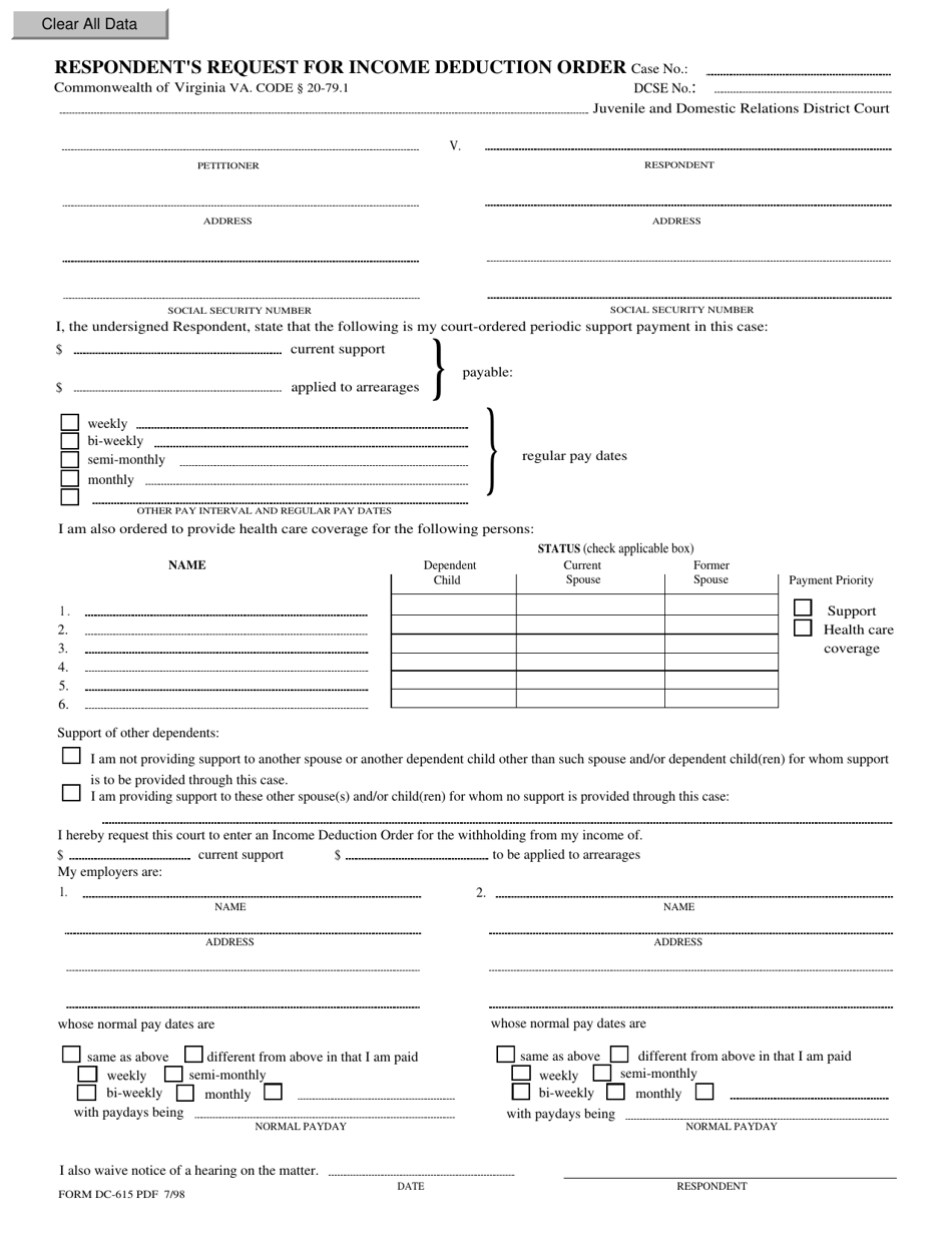 Form DC-615 Respondents Request for Income Deduction Order - Virginia, Page 1