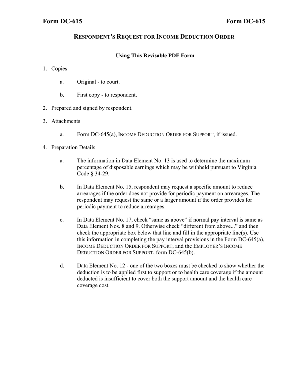 Instructions for Form DC-615 Respondents Request for Income Deduction Order - Virginia, Page 1