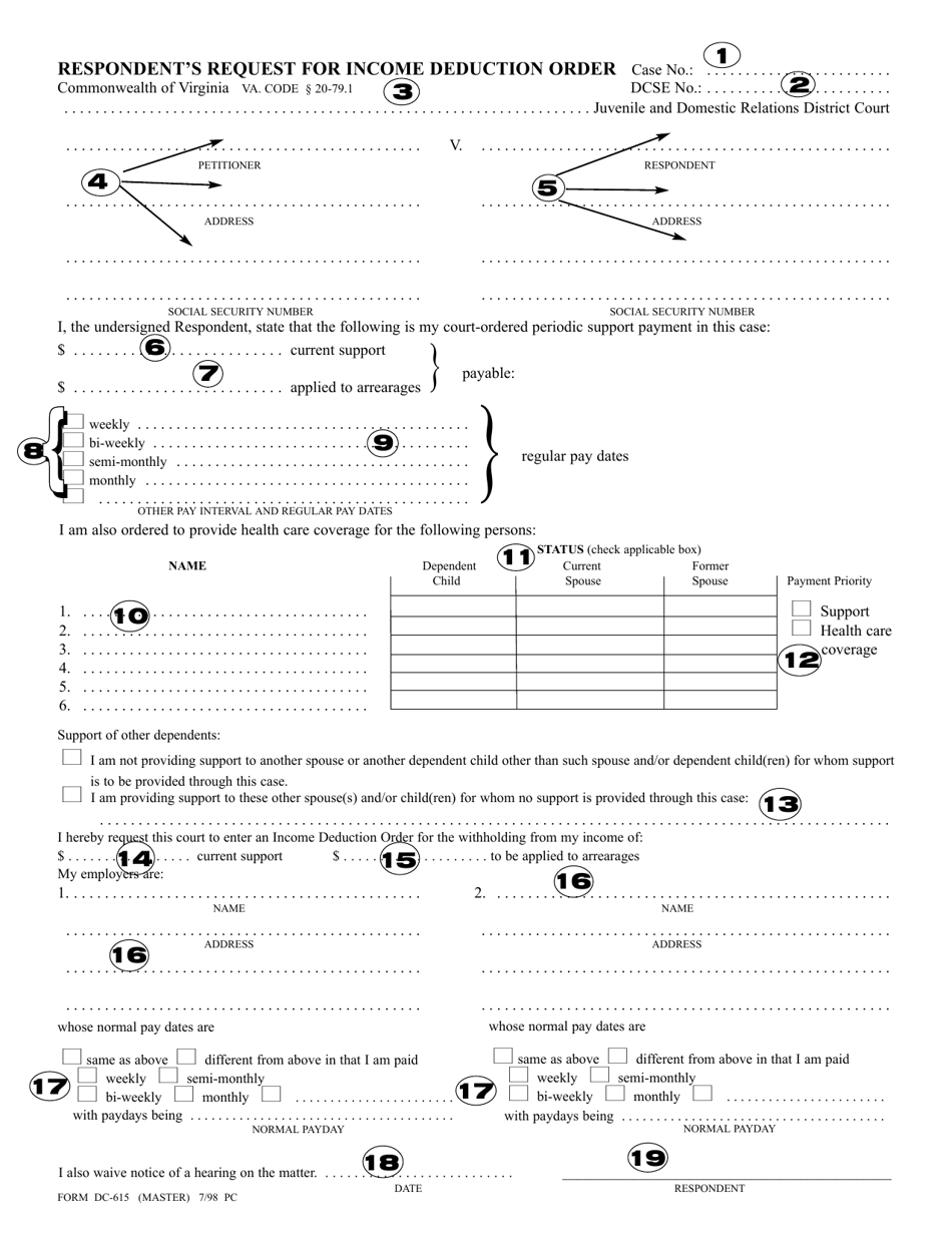 Instructions for Form DC-615 Respondents Request for Income Deduction Order - Virginia, Page 3