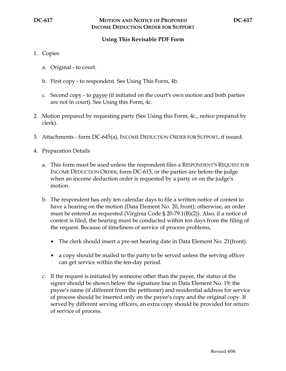 Instructions for Form DC-617 Motion and Notice of Proposed Income Deduction Income Deduction Order for Support - Virginia, Page 1