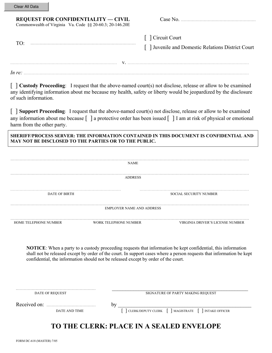 Form DC-618 Request for Confidentiality - Civil - Virginia, Page 1