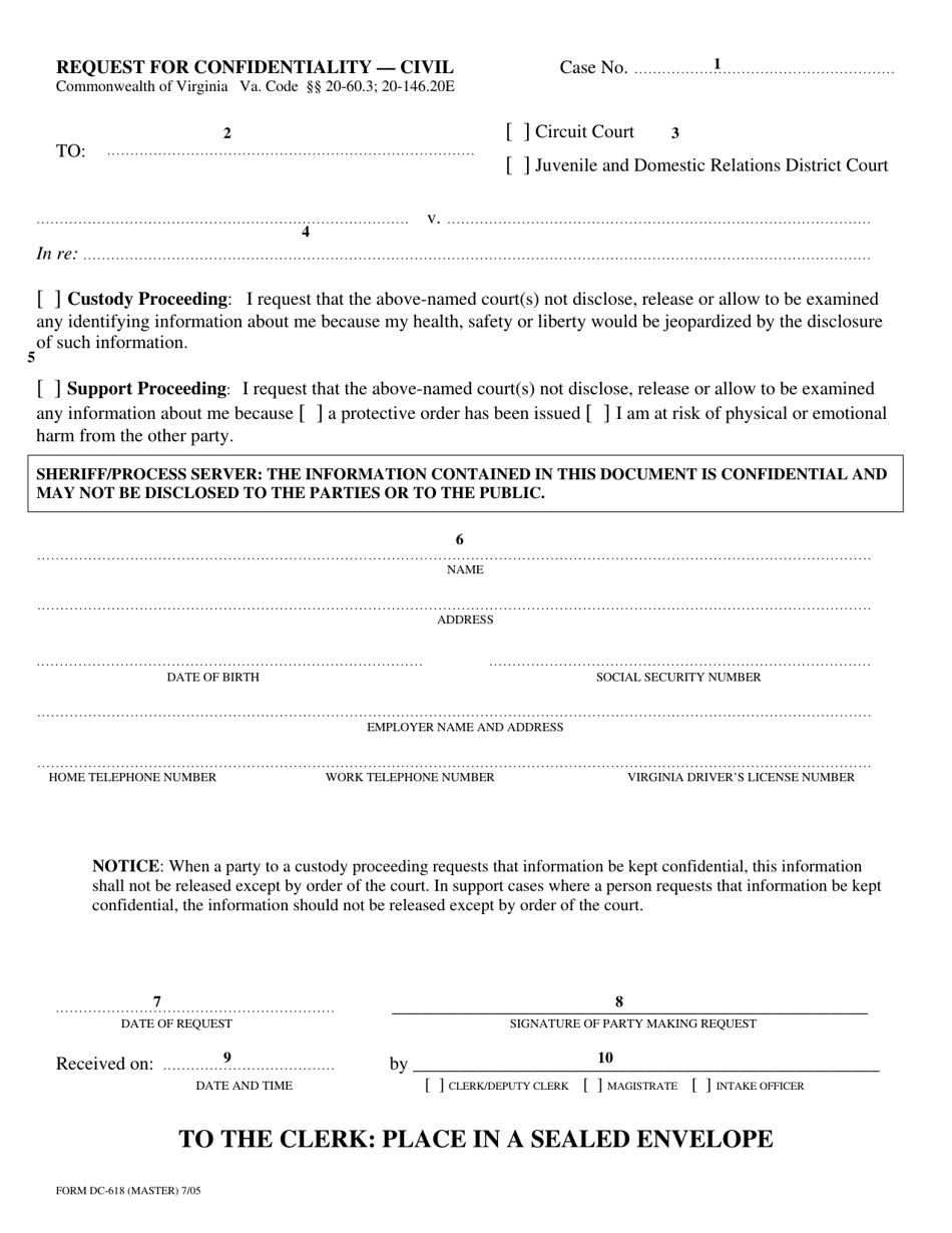 Instructions for Form DC-618 Request for Confidentiality - Civil - Virginia, Page 3