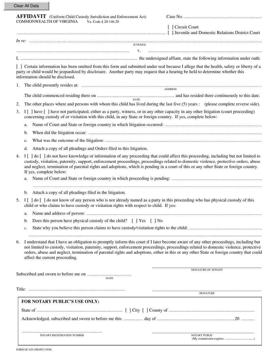 Form DC-620 Affidavit - Virginia, Page 1